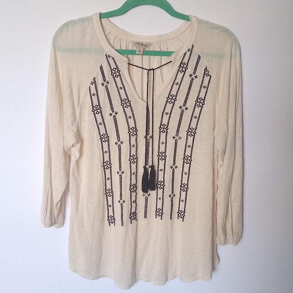 Lucky Brand Tops - Lucky Brand Cream Embroidered Tassel Long Sleeved Peasant Top sz L
